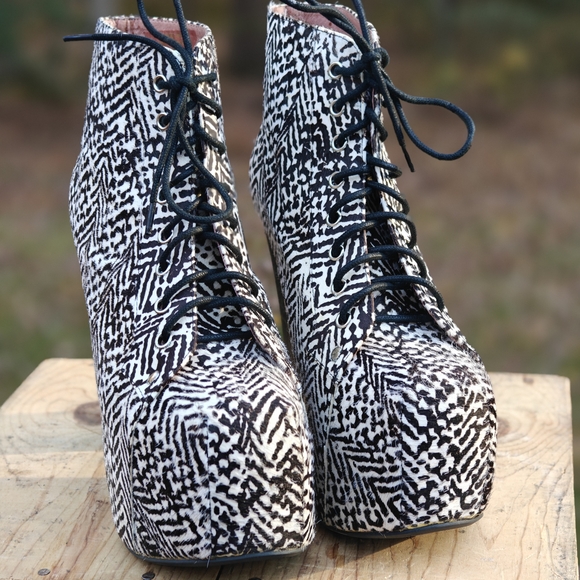 Jeffrey Campbell Black and White Hair Heeled Boots - Picture 2 of 11